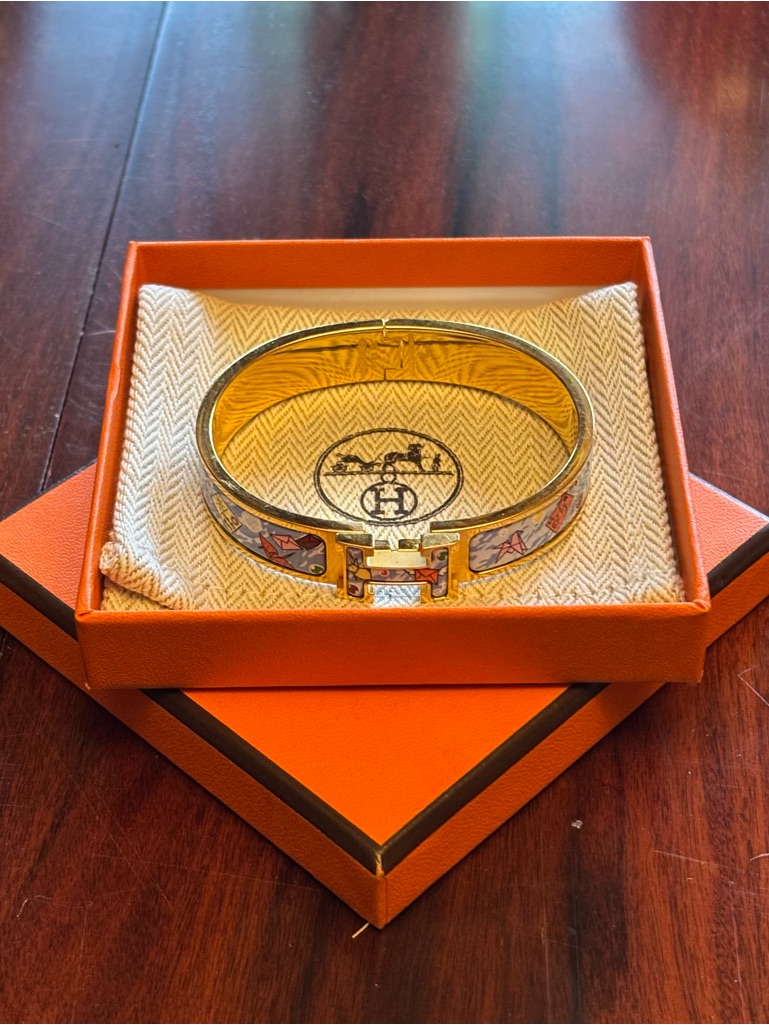 Hermes Gold Enamel H Bracelet With Multicolor Motif (Origami/Alphabet Print)